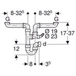 Sifón curvo, referencia 152.958.11.1 de Geberit para dos fregaderos, con boquilla de escuadra para manguera, salida horizontal -